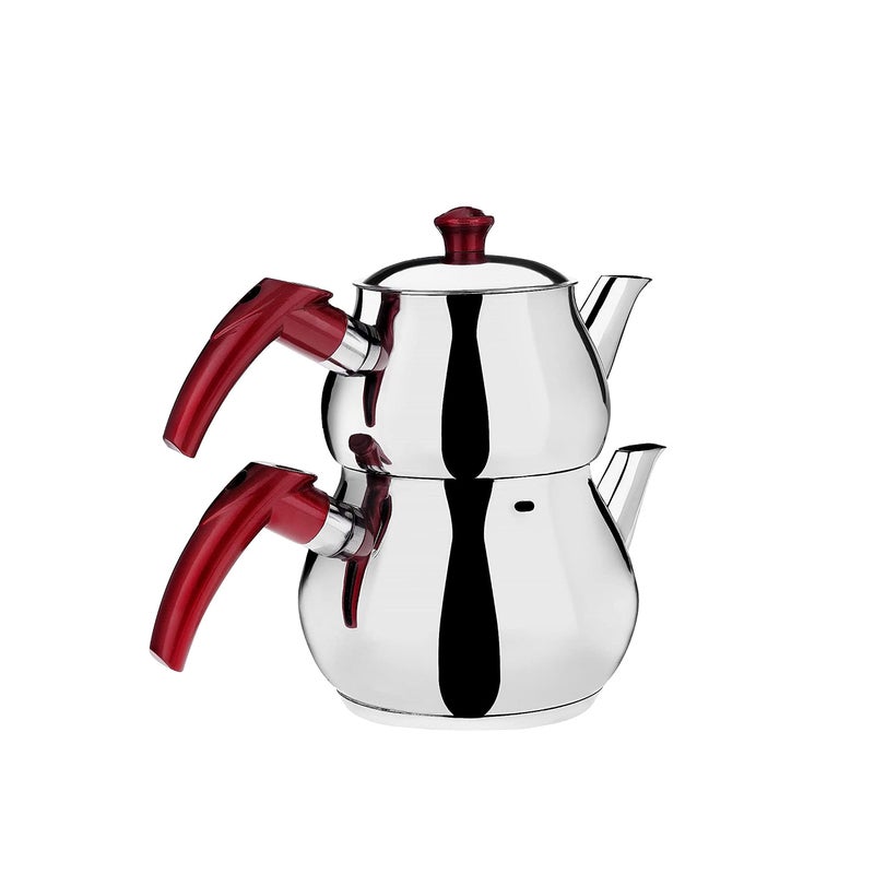 DESTALYA Turkish Teapot Set | Stainless Steel Double Tea Pots for Stove Top | Tea Maker with Strainer | Samovar Style Tea Kettle | Water Heater (Mini with Red Handles) - Image 1